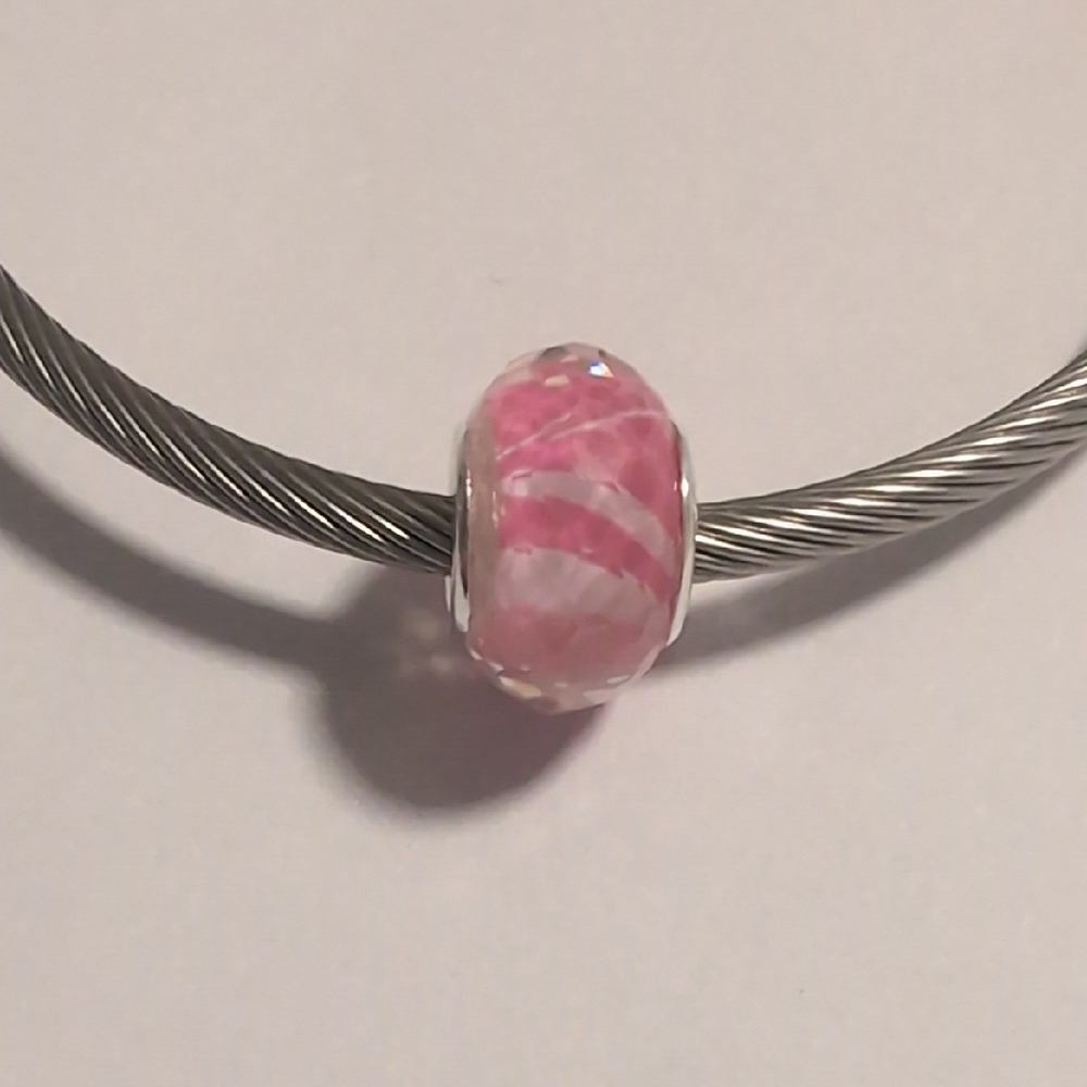 Silver Clear Faceted Underlaid‎ Pink White Striped Charm Pandora Style Bracelet